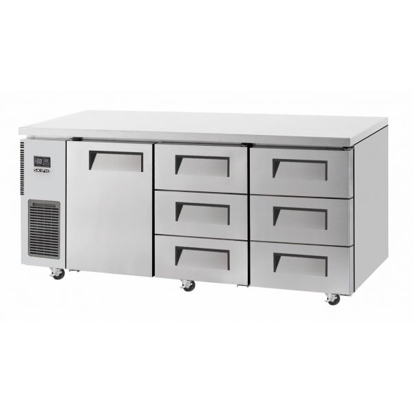 Stainless steel under counter fridge with one door left and six drawers on right side, caster wheels beneath.