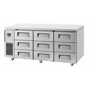 Stainless steel under counter fridge with nine pull-out drawers and digital control panel on left side.
