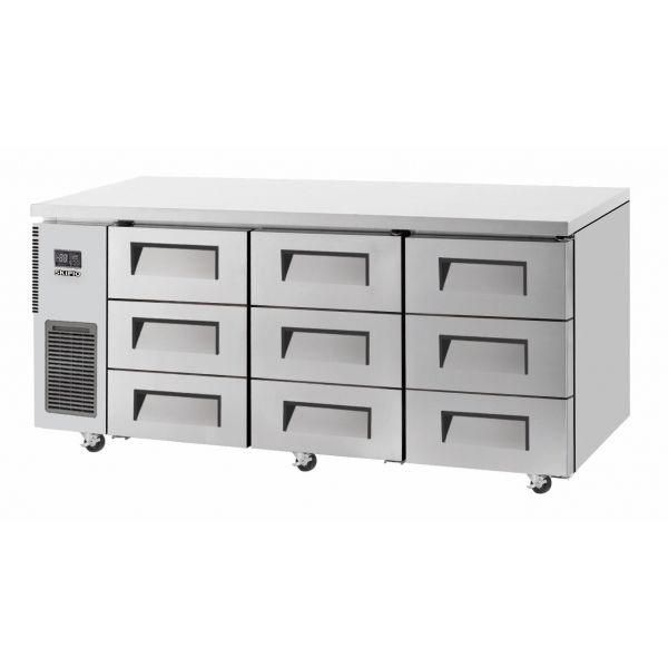 Stainless steel under counter fridge with nine pull-out drawers and digital control panel on left side.