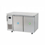 Stainless steel undercounter dual door fridge and freezer with digital control panel and caster wheels.