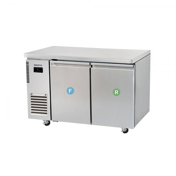 Stainless steel undercounter dual door fridge and freezer with digital control panel and caster wheels.