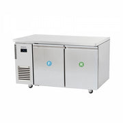 Stainless steel under counter fridge and freezer combo with two doors and digital control panel.