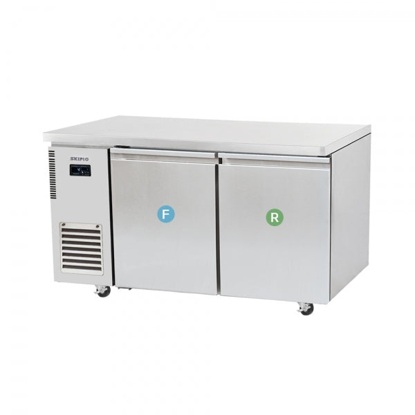 Stainless steel under counter fridge and freezer combo with two doors and digital control panel.