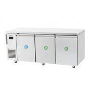 Stainless steel under-counter fridge freezer with three doors and temperature control panel on left side.