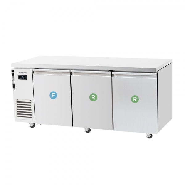 Stainless steel under-counter fridge freezer with three doors and temperature control panel on left side.