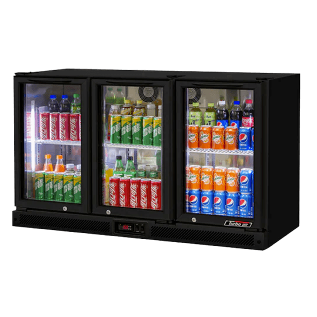 Black three-door back bar fridge with clear glass doors showing assorted soda cans and bottles inside.