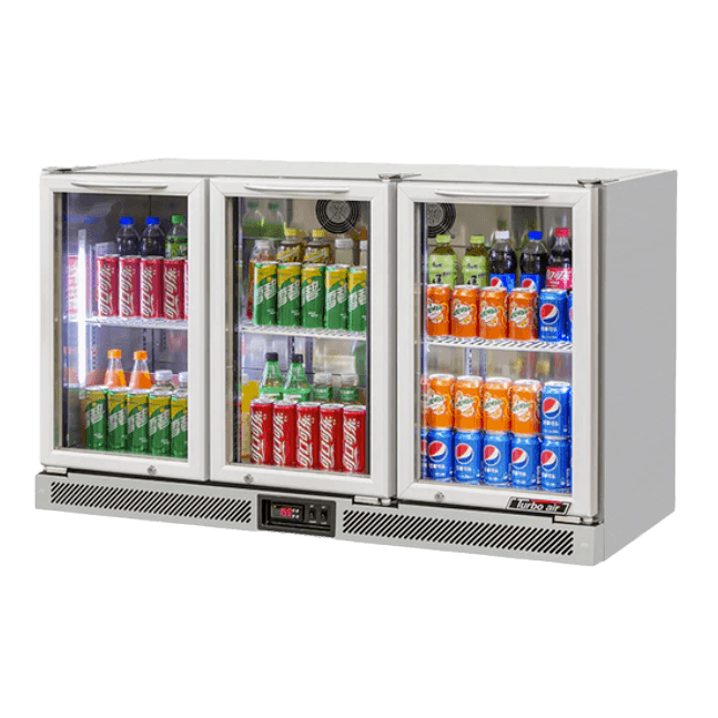 Stainless steel 3-door glass back bar fridge with beverage shelves and digital temperature display.