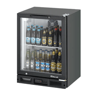 Compact black Turbo Air back bar fridge with clear glass door and internal LED lighting, stocked with bottles.
