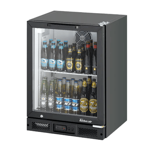 Compact black Turbo Air back bar fridge with clear glass door and internal LED lighting, stocked with bottles.