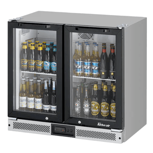 Black dual-door glass back bar fridge with stainless steel base and interior shelves displaying bottled beverages.