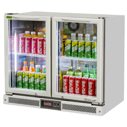 Compact stainless steel back bar fridge with two glass doors and interior LED lighting.