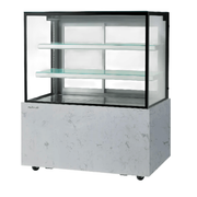 Refrigerated cake display case with three glass shelves and marble-patterned base.