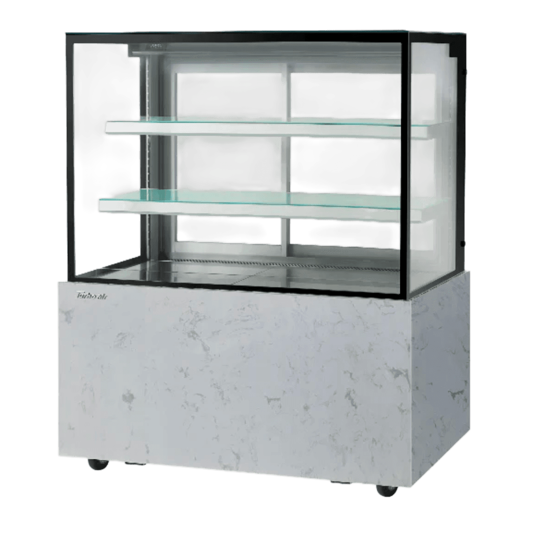 Refrigerated cake display case with three glass shelves and marble-patterned base.