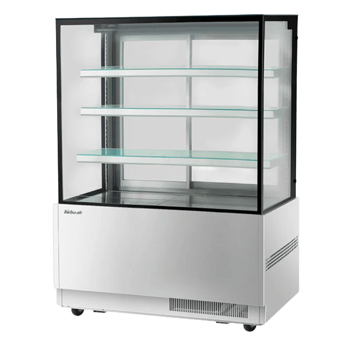 Commercial refrigerated cake display case with three glass shelves and stainless steel base.