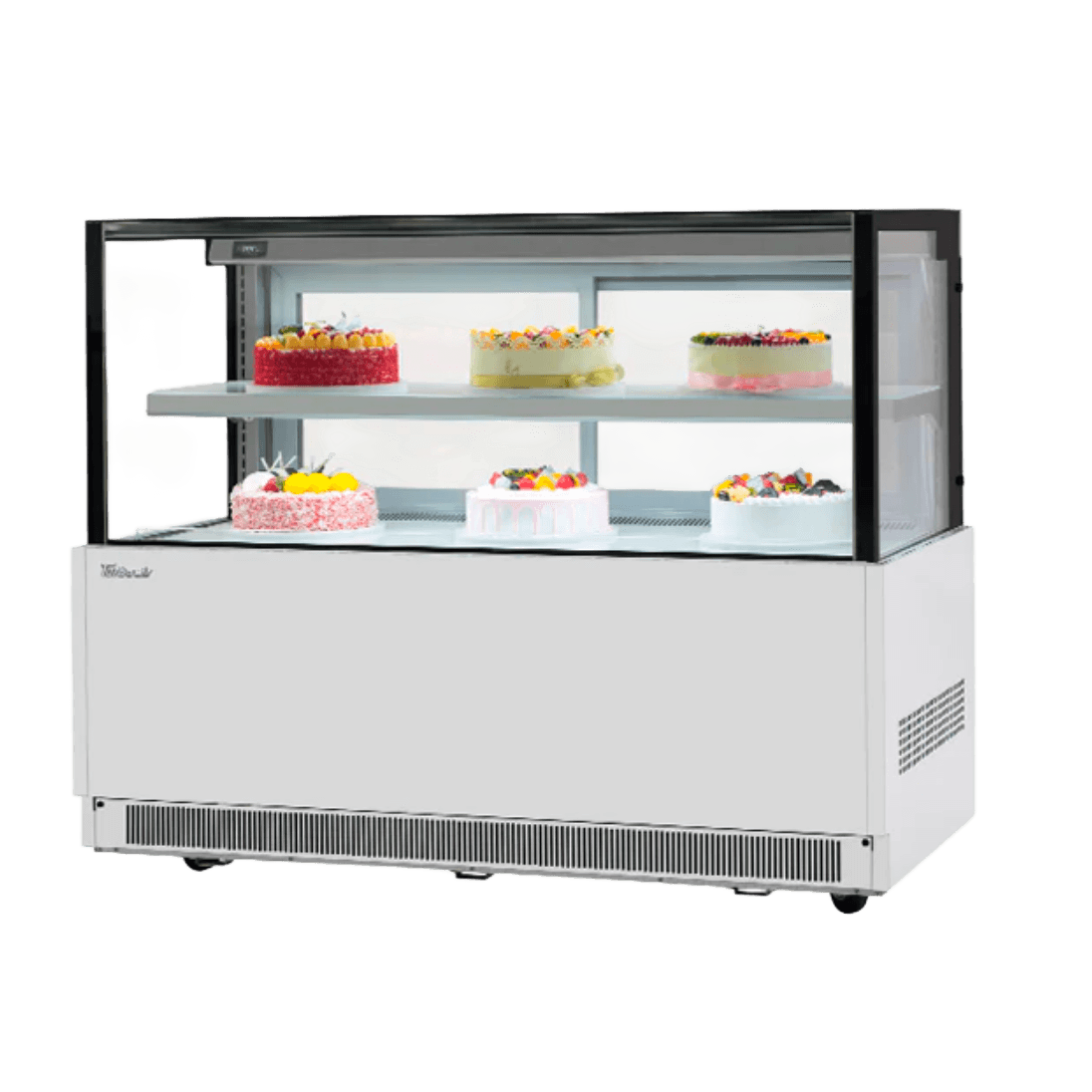 Refrigerated cake display with glass front, two shelves, and white base unit.