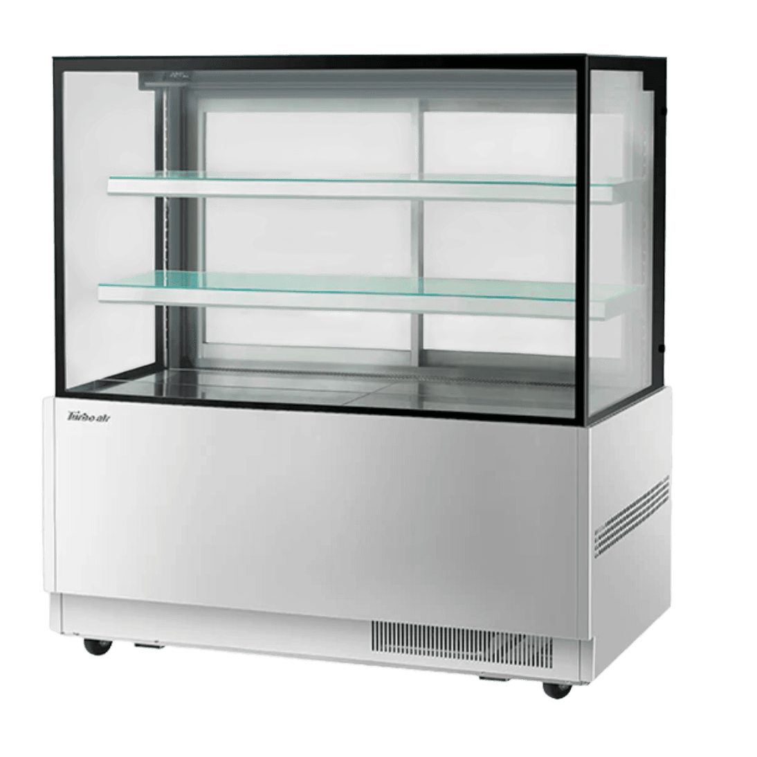 Stainless steel refrigerated cake display with two glass shelves and clear glass front and sides.