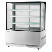 Refrigerated cake display with three glass shelves, black frame, and white base on casters.