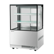 Compact stainless steel refrigerated cake display with two glass shelves and clear glass panels on three sides.
