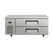 Stainless steel chef preparation bench with flat top and two refrigerated drawers, Turbo Air logo visible on left side.