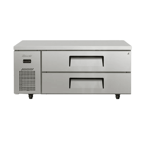 Stainless steel chef preparation bench with flat top and two refrigerated drawers, Turbo Air logo visible on left side.