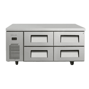 Stainless steel Turbo Air chef prep bench with four refrigerated drawers and ventilation panel on left side.