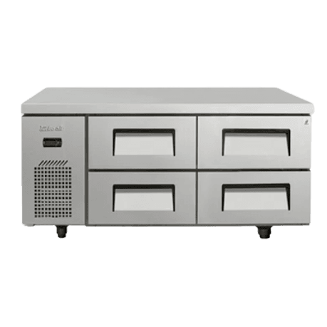 Stainless steel Turbo Air chef prep bench with four refrigerated drawers and ventilation panel on left side.