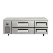 Stainless steel chef prep bench with four refrigerated drawers and vented compressor on left side.