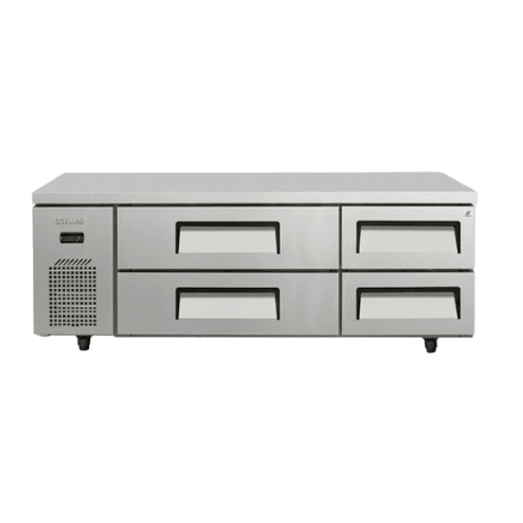 Stainless steel chef prep bench with four refrigerated drawers and vented compressor on left side.