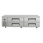 Stainless steel chef preparation bench with four refrigerated drawers and ventilation grill on left side.