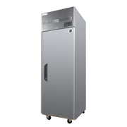 Tall stainless steel upright bakery fridge with single solid door and black handle on casters.