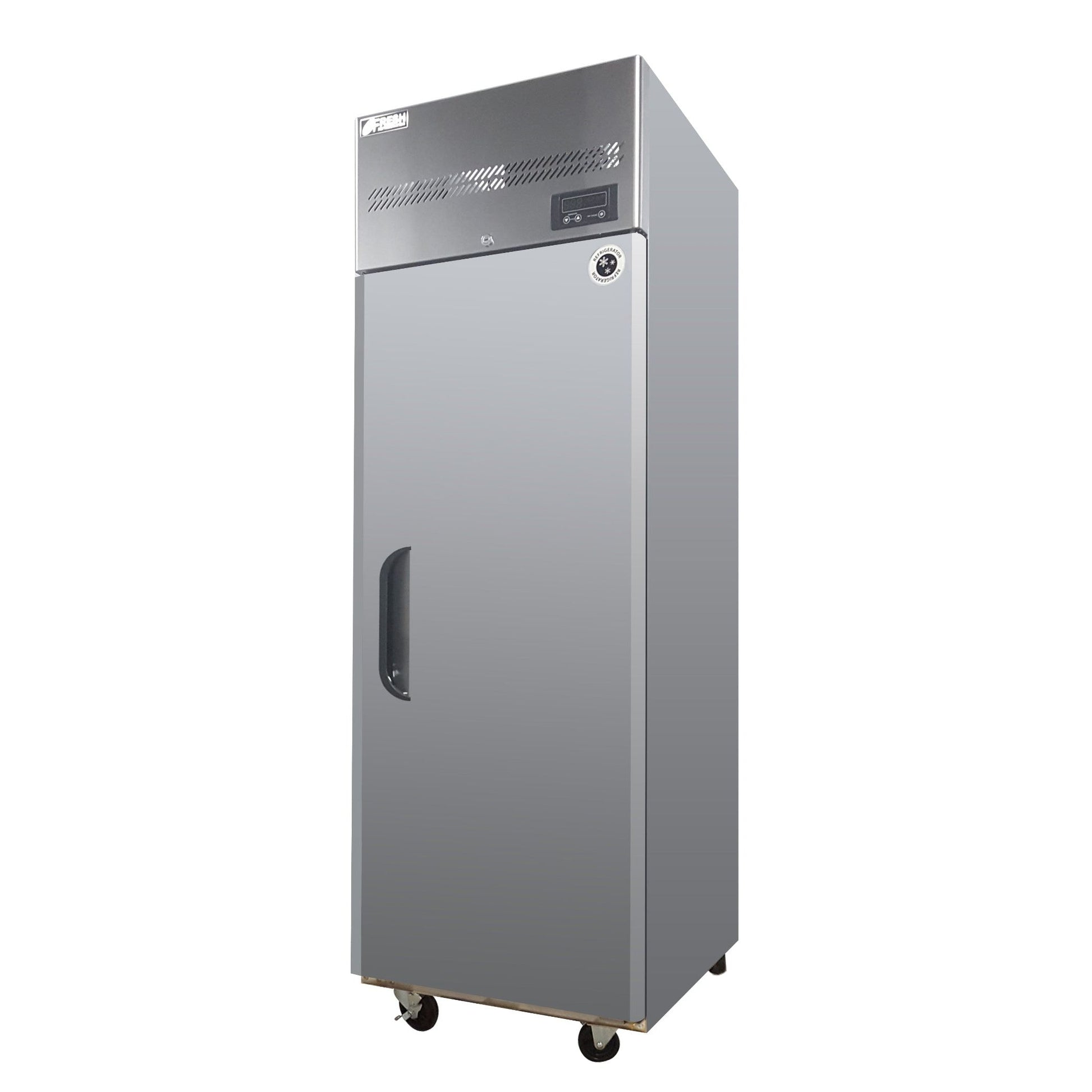 Tall stainless steel upright bakery fridge with single solid door and black handle on casters.