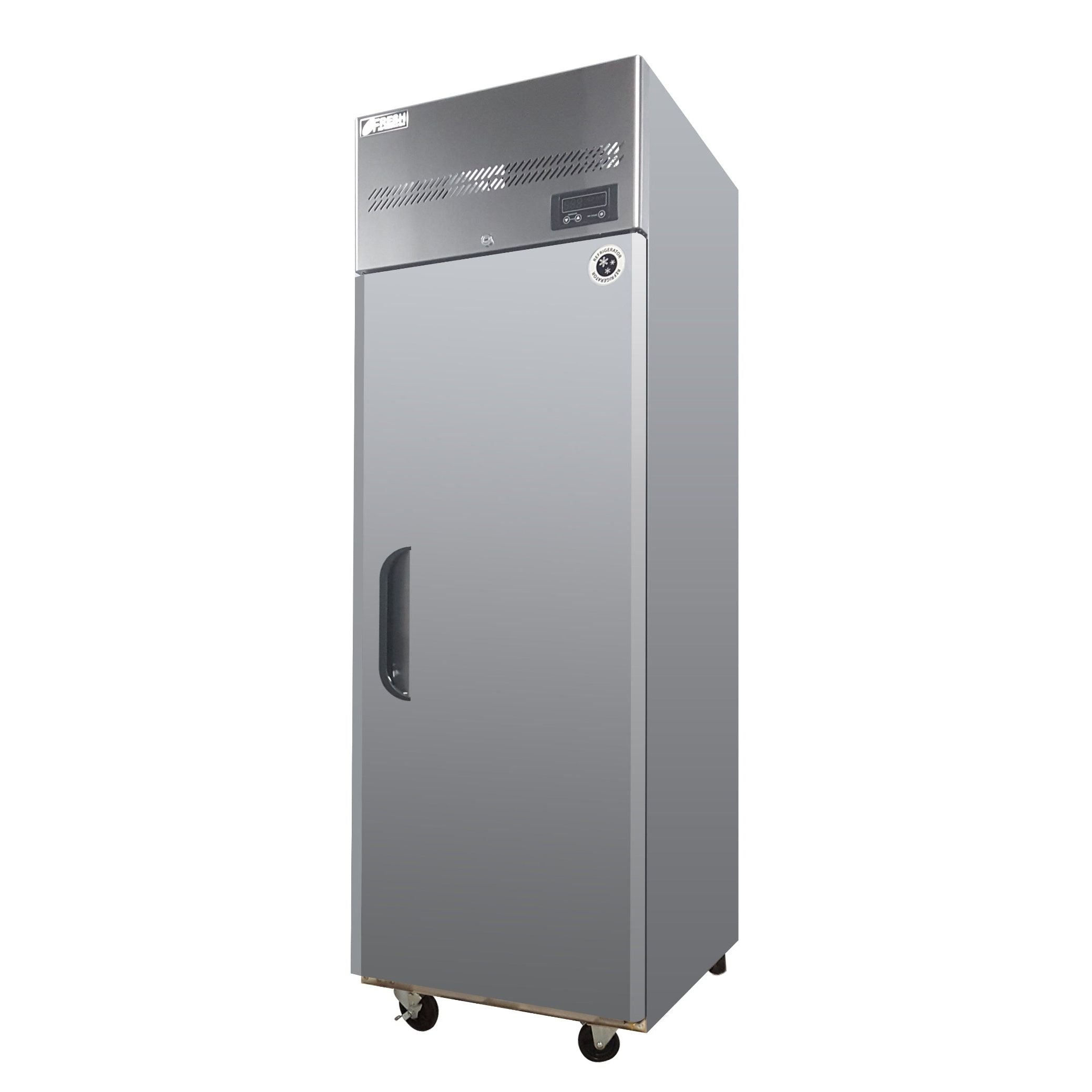 Tall stainless steel upright bakery fridge with single solid door and black handle on casters.