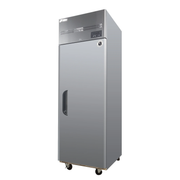 Stainless steel upright bakery freezer with single solid door and top-mounted refrigeration unit, on caster wheels.