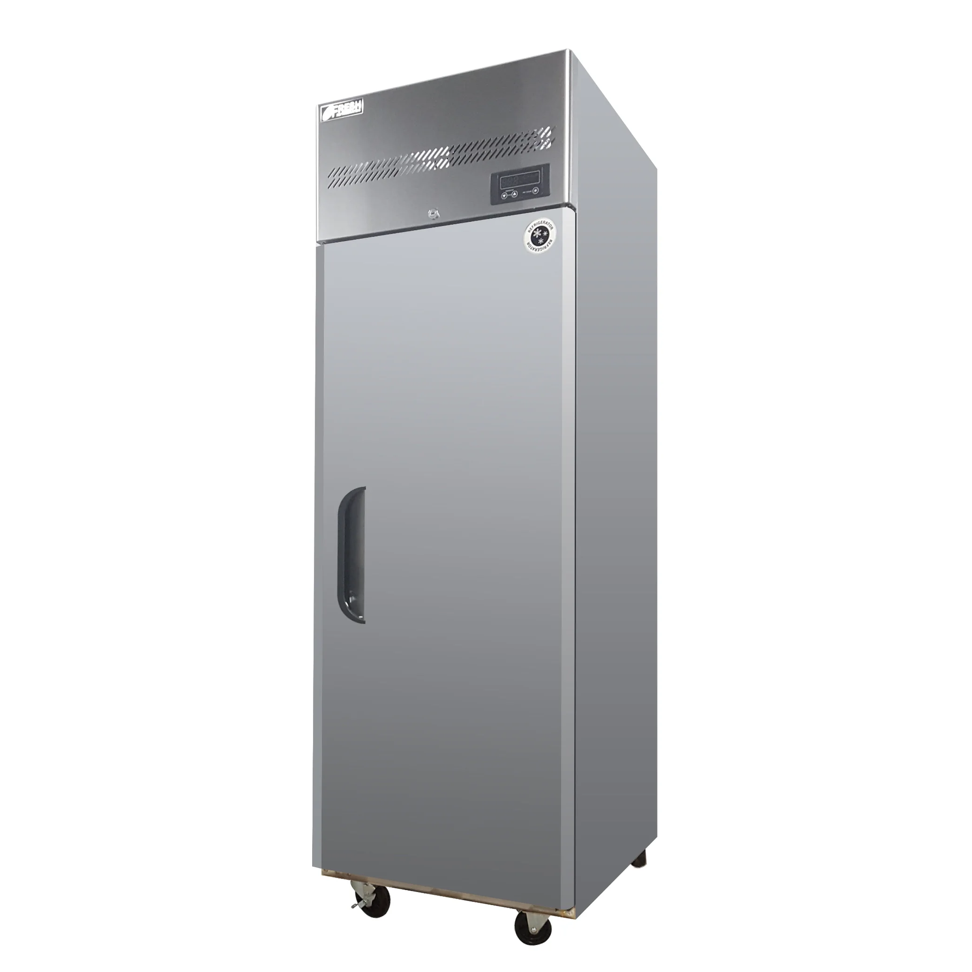 Stainless steel upright bakery freezer with single solid door and top-mounted refrigeration unit, on caster wheels.