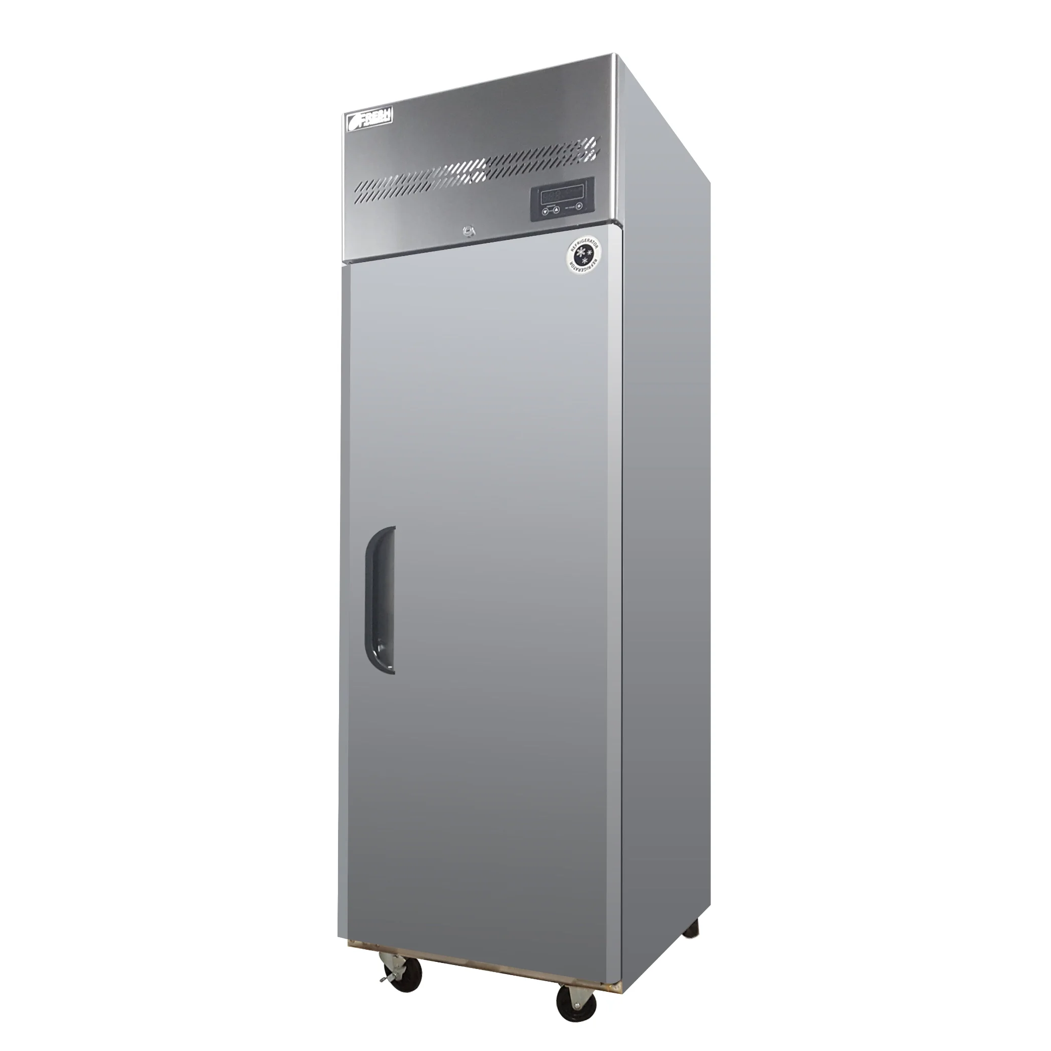 Stainless steel upright bakery freezer with single solid door and top-mounted refrigeration unit, on caster wheels.