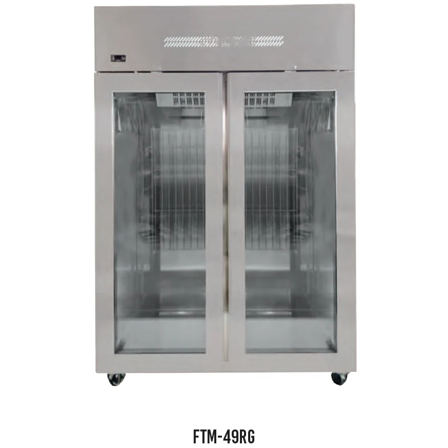 Stainless steel upright fridge with two glass doors and high top mount compressor on wheels.