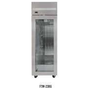 Tall stainless steel upright fridge with single glass door  on caster wheels.
