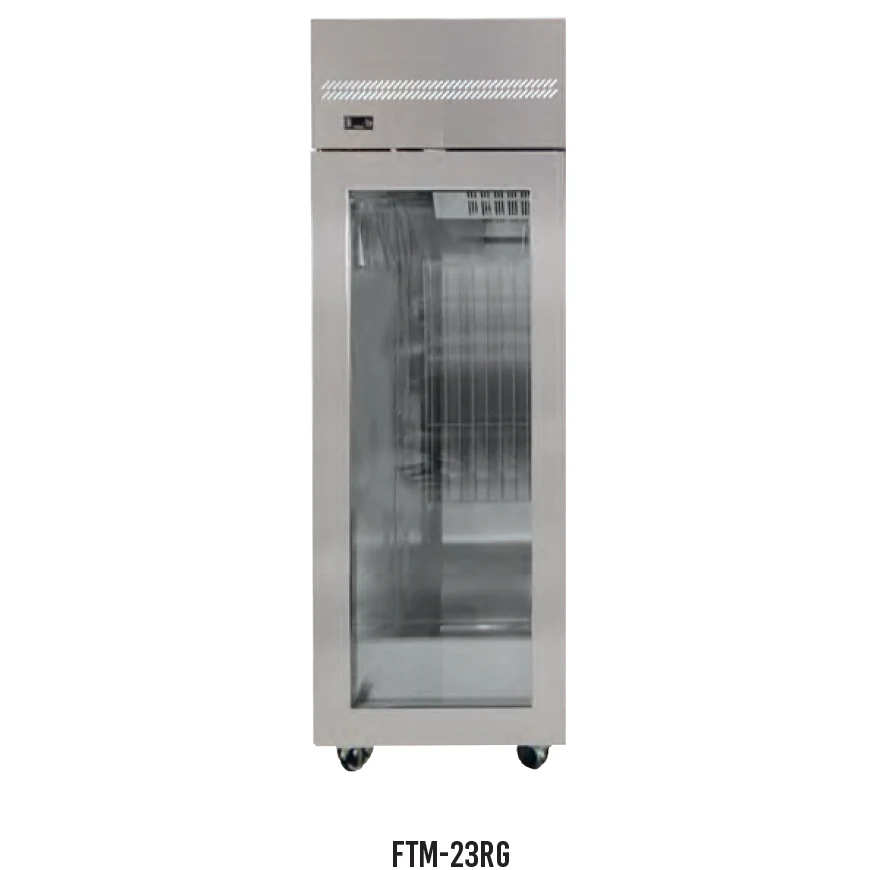 Tall stainless steel upright fridge with single glass door  on caster wheels.