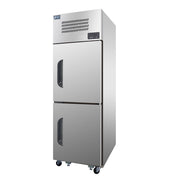 Stainless steel dual temp upright fridge freezer with two solid doors and recessed handles on caster wheels.