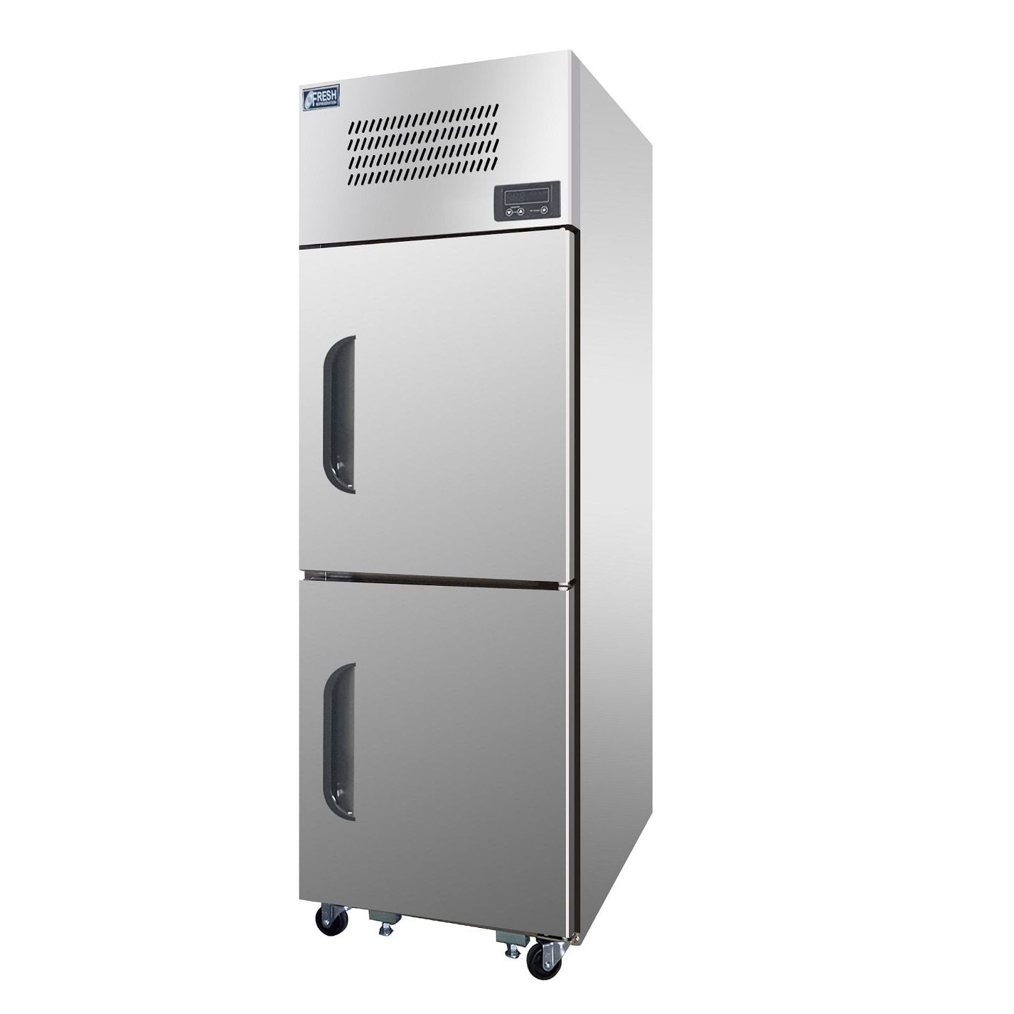Stainless steel dual temp upright fridge freezer with two solid doors and recessed handles on caster wheels.